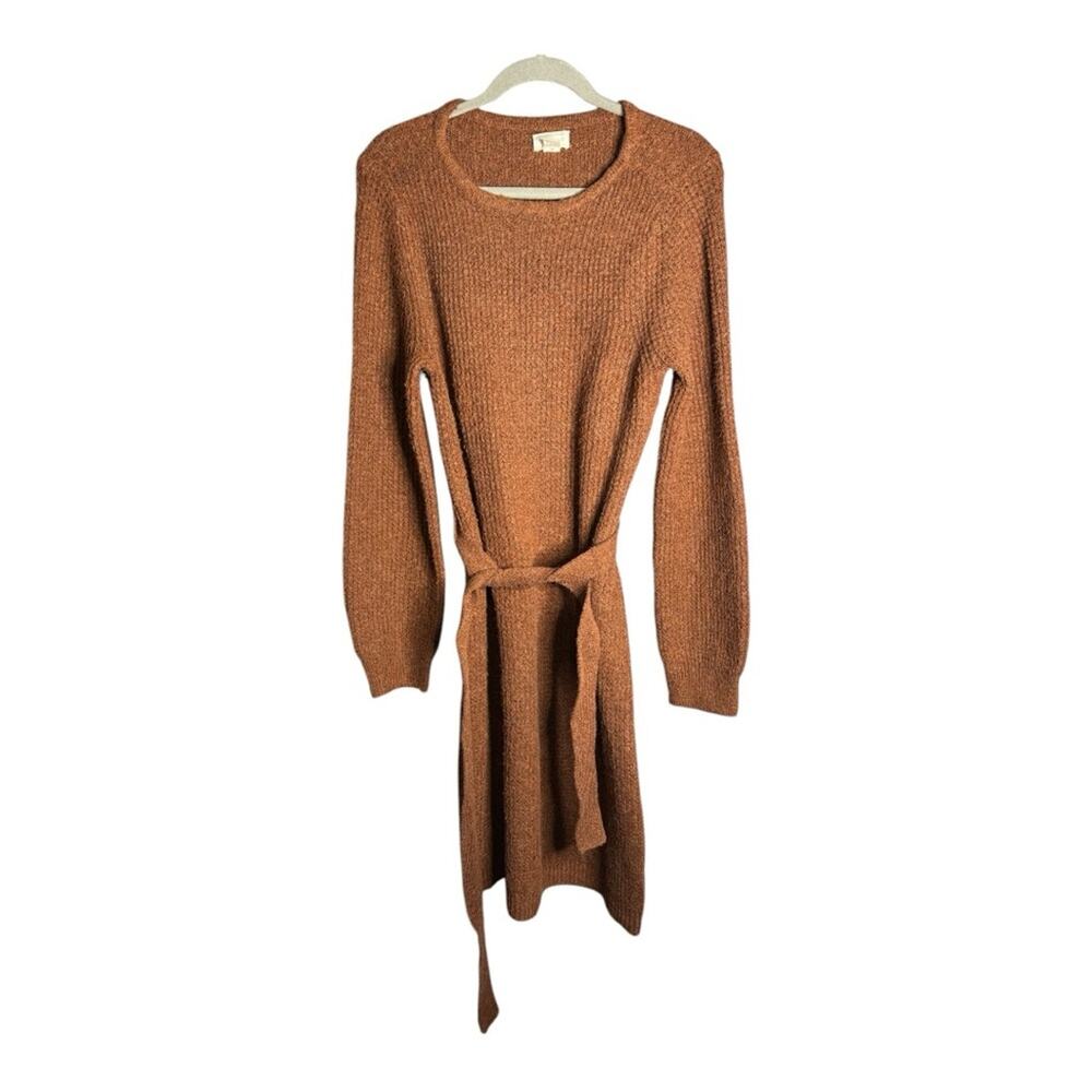 Caslon Brown Long Sleeve Belted Sweater Dress Round Neckline Small